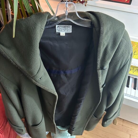 Vintage Y2K 2000s Jacob Olive Hooded Wool Trench Coat L - Picture 11 of 14